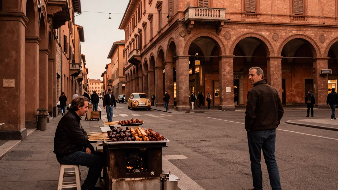Bologna Italy Street Scene Before Dusk with Vintage 1960s Aesthetic and Local Dining in in Bologna, Italy