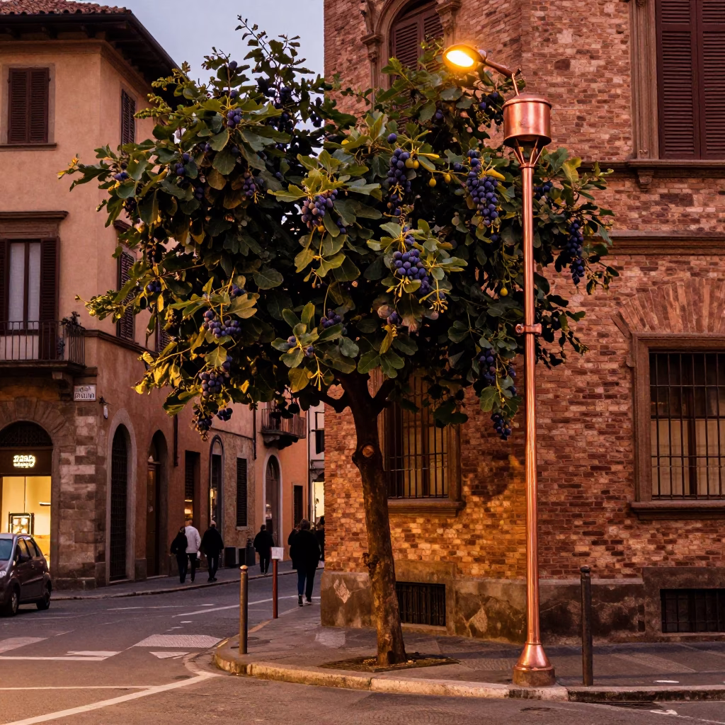 Bologna Italy Street Scene Copper Light Before Dusk with Fig Tree and Funicular in in Bologna, Italy