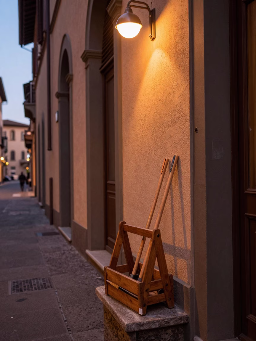 Bologna Italy Street Scene Copper Light Before Dusk with Tool Caddy and Pollen in in Bologna, Italy