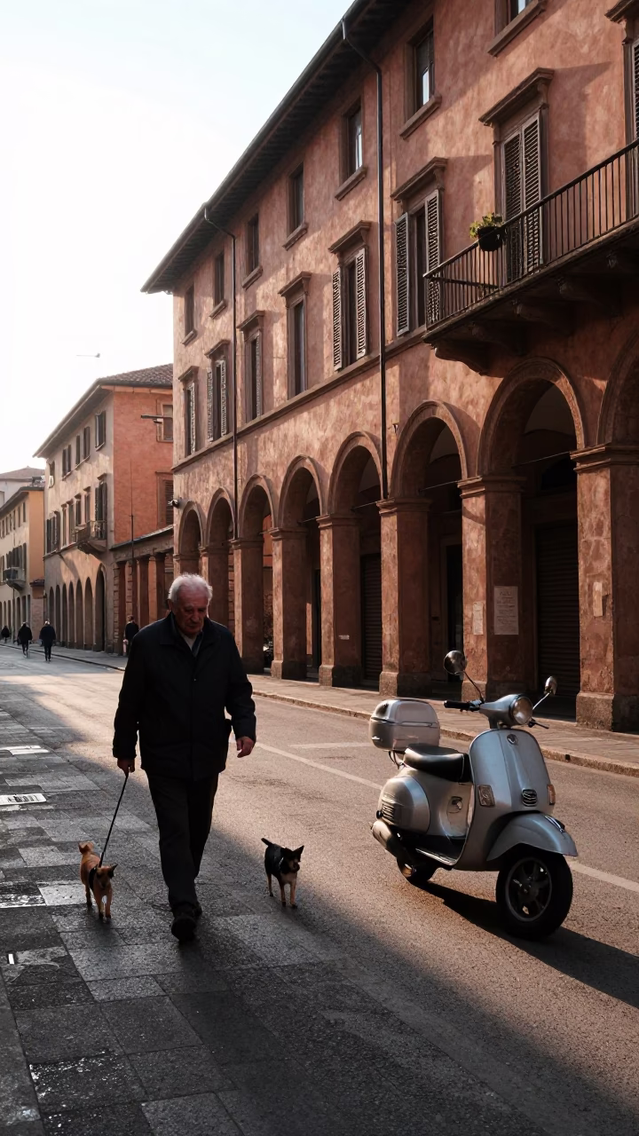 Bologna Italy Street Scene Just After Sunrise with Old Man and Vintage Scooter in in Bologna, Italy
