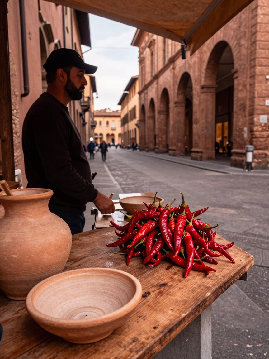 Bologna Italy Street Scene with Chili Peppers and Stoneware in Copper Dusk Light in in Bologna, Italy