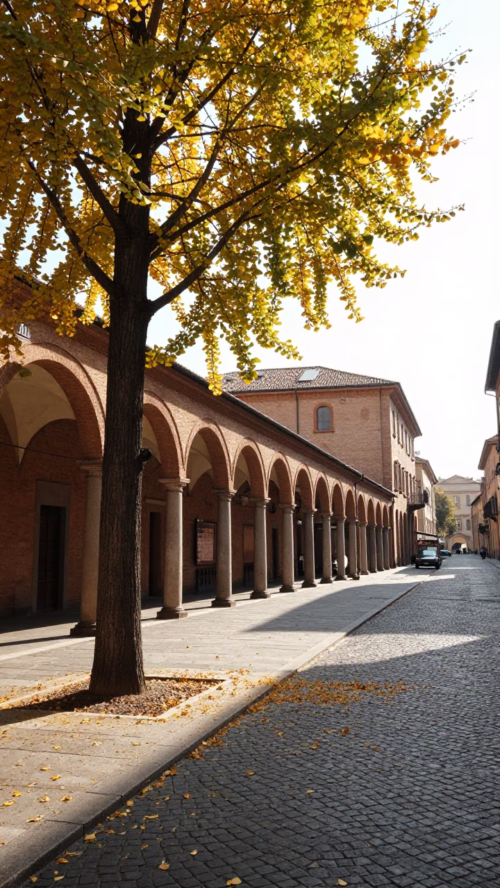 Bologna Italy Street Scene with Ginkgo Tree and Traditional Architecture in in Bologna, Italy