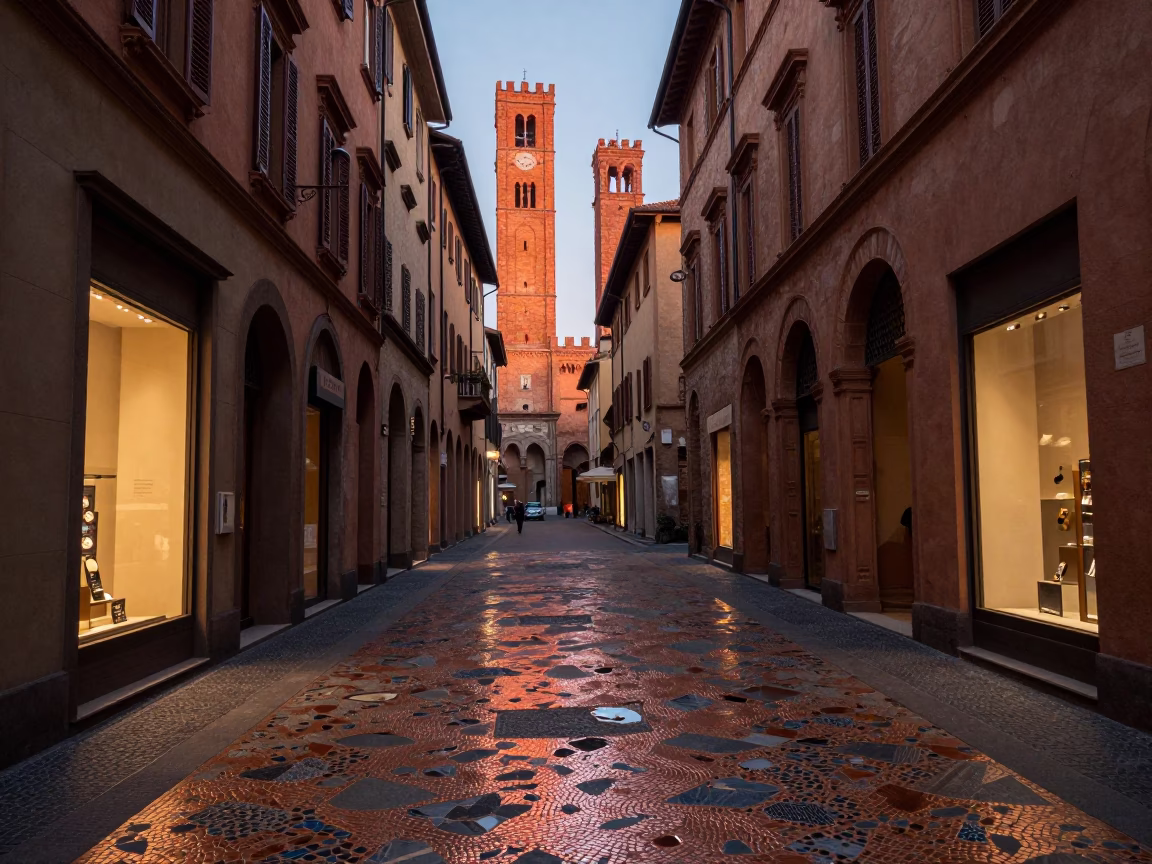 Bologna Italy street scene with mosaic tile fragments in copper dusk light in in Bologna, Italy