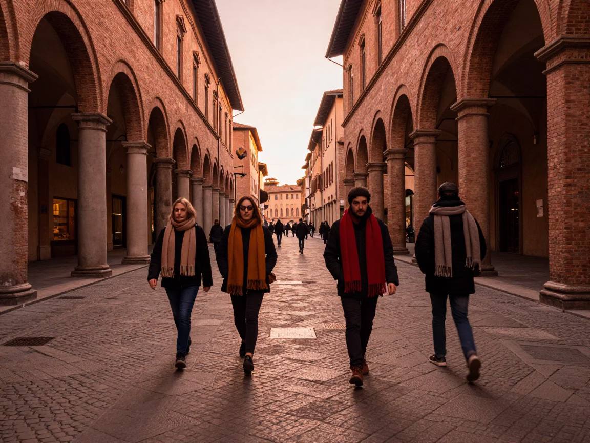 Bologna Italy Street Scene with Wool Scarves in Copper Dusk Light in in Bologna, Italy