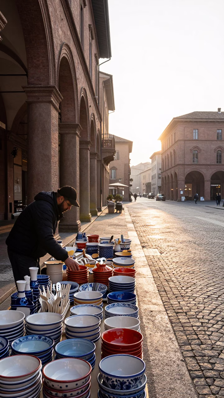 Bologna Italy Sunrise Street Scene with Ceramic Utensil Crocks and Historic Architecture in in Bologna, Italy