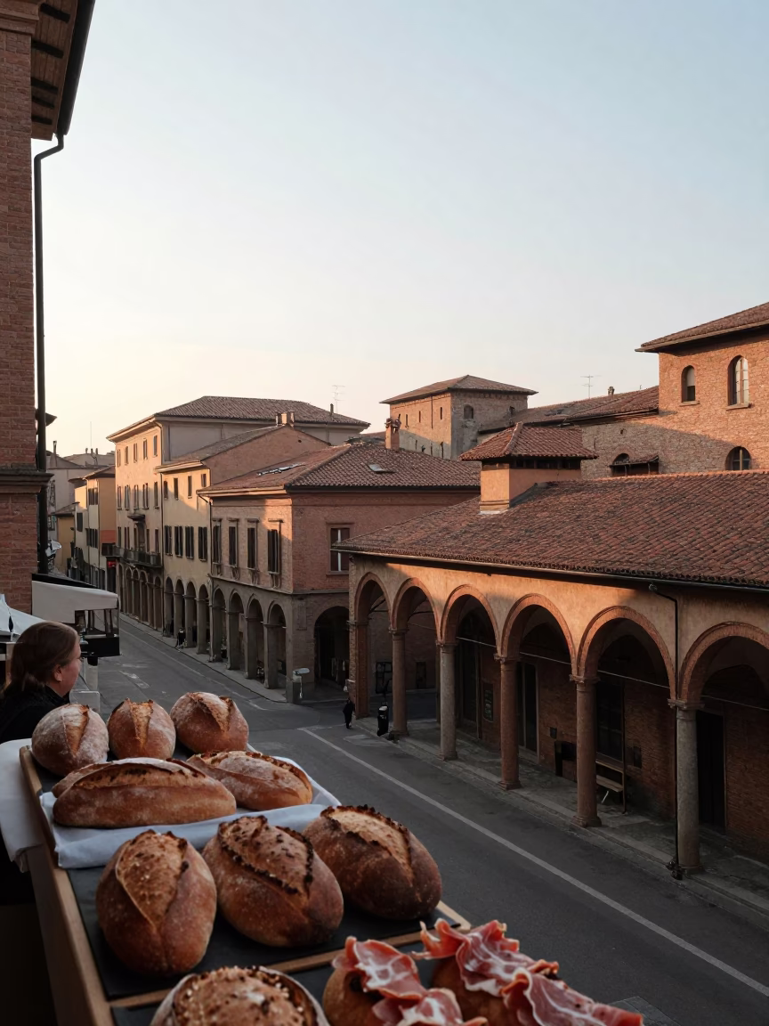 Bologna Italy Sunrise Street Scene with Fresh Bread Loaves and Flour Sifter in in Bologna, Italy