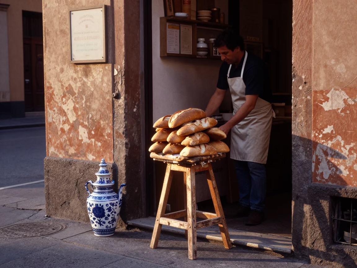 Bologna Italy Sunrise Street Scene with Work Stool and Porcelain Jar in in Bologna, Italy