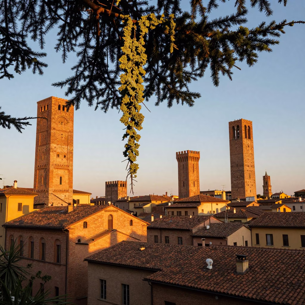 Bologna Italy Sunset Street Scene with Lichen and Architectural Details in in Bologna, Italy