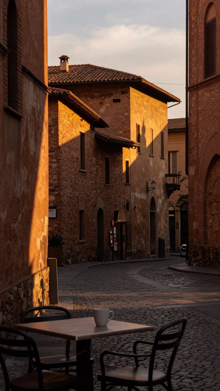 Bologna Italy Sunset Street Scene with Mug and Leaf Shadows on Countertop in in Bologna, Italy