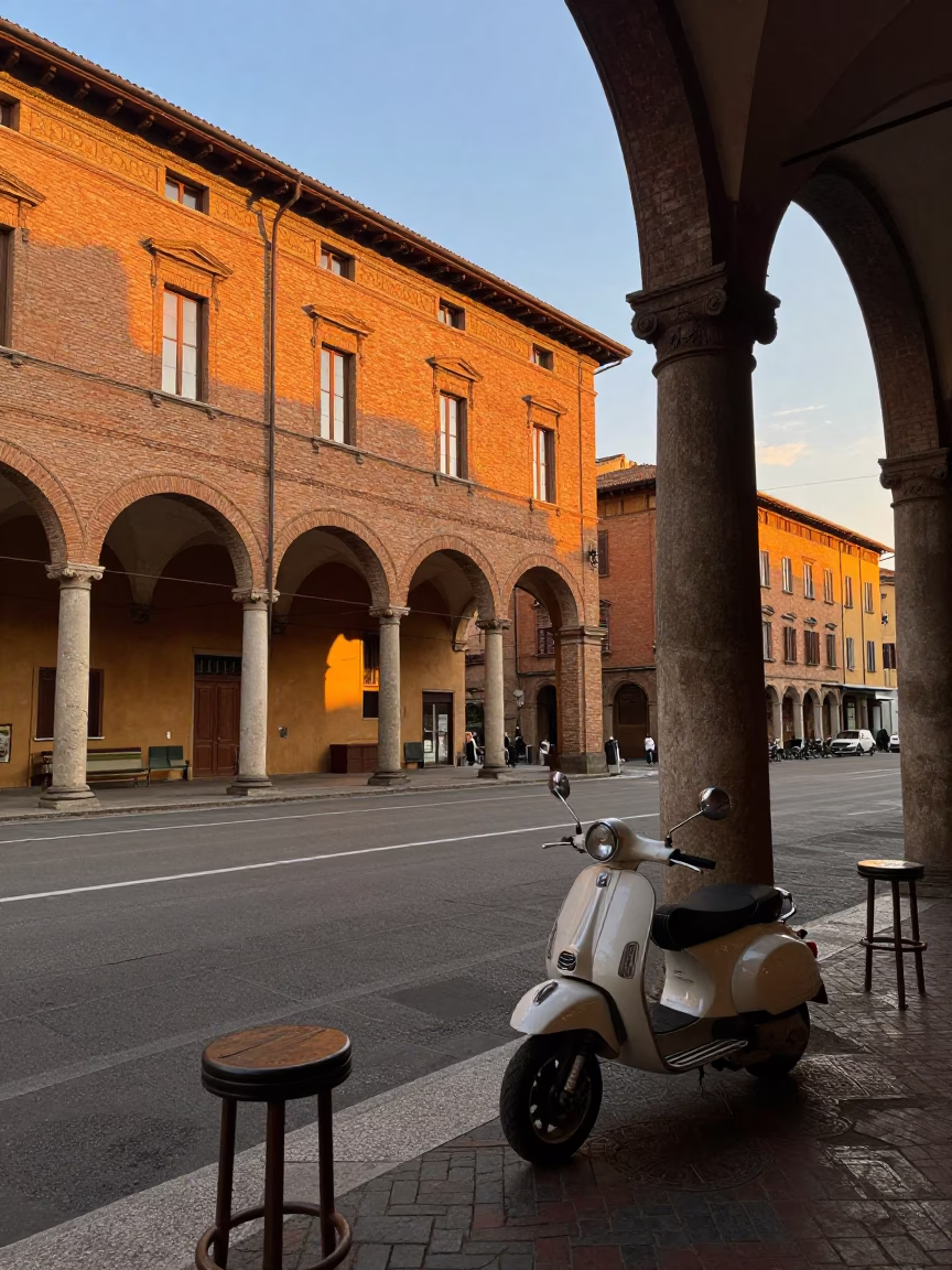 Bologna Italy Sunset Street Scene with Scooter and Bar Stools on Historic Portico in in Bologna, Italy