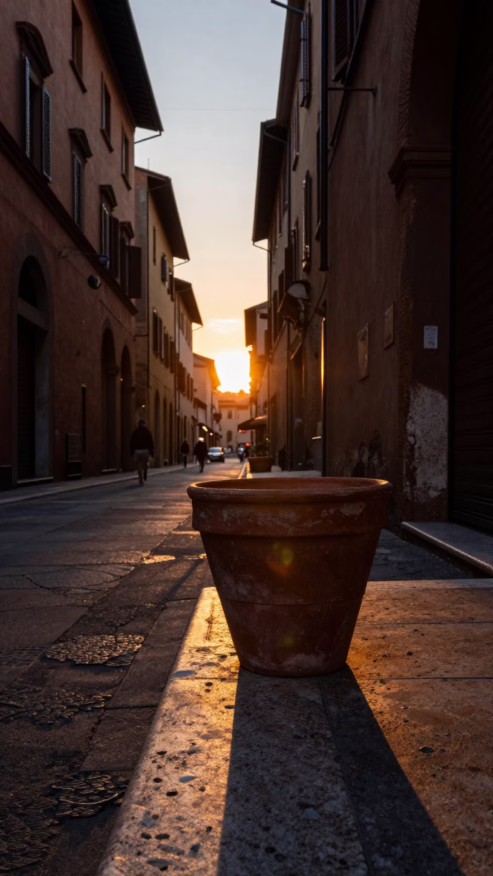 Bologna Italy Sunset Street Scene with Terracotta Pot and Sun Stripe on Wall in in Bologna, Italy