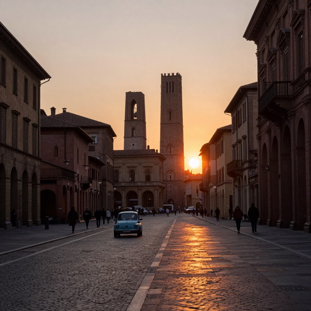 Bologna Italy Sunset Street Scene with Vintage Car and Pedestrians in in Bologna, Italy
