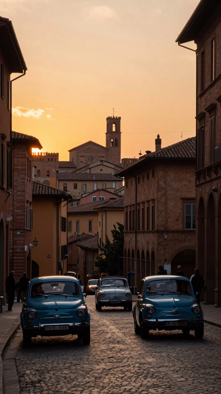 Bologna Italy Sunset Street Scene with Vintage Car Rally and Wicker Shadows in in Bologna, Italy
