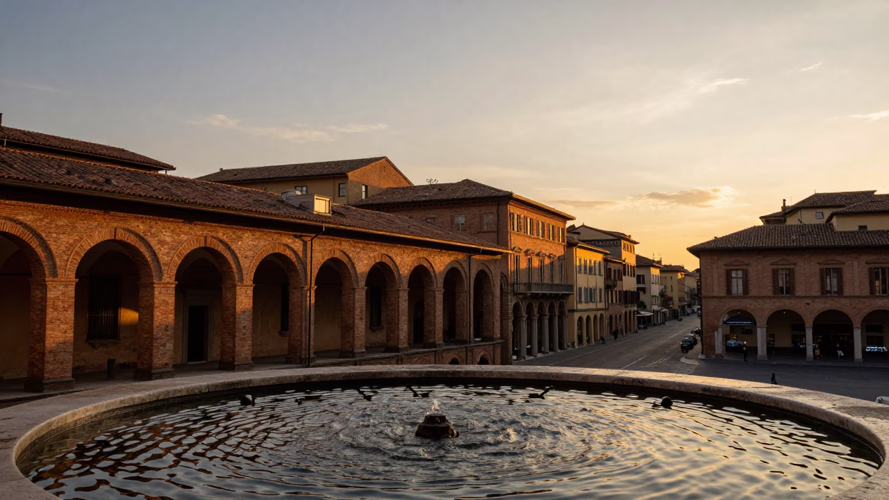 Bologna Italy Sunset Street Scene with Water Ripples and Urban Details in in Bologna, Italy