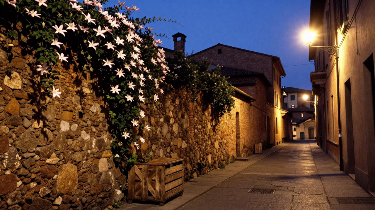 Bologna Italy Twilight Street Scene with Clematis Vine Stone Wall and Crate in in Bologna, Italy