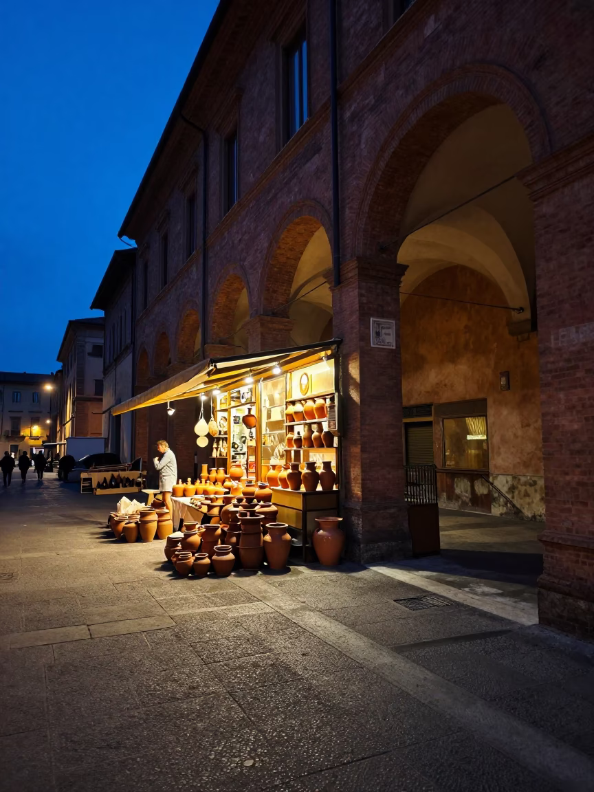 Bologna Italy Twilight Street Scene with Pottery Market Wares and Historic Architecture in in Bologna, Italy