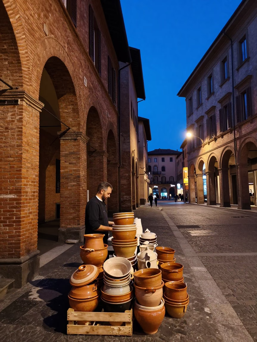 Bologna Italy Twilight Street Scene with Stacked Ceramic Cookware and Historic Portico in in Bologna, Italy