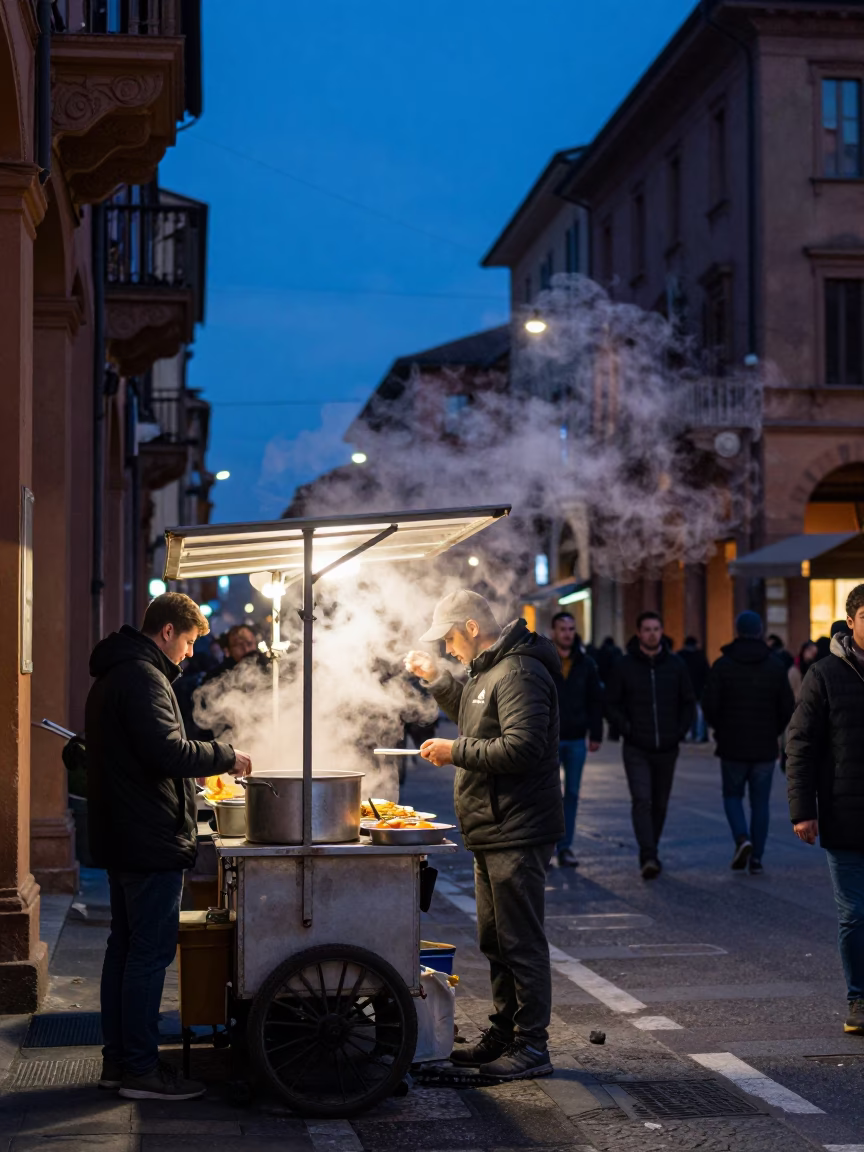 Bologna Italy Twilight Street Scene with Steam and Urban Activity in in Bologna, Italy