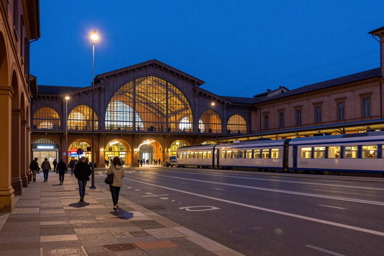 Bologna Italy Twilight Street Scene with Train Station and Coffee Cupper in in Bologna, Italy