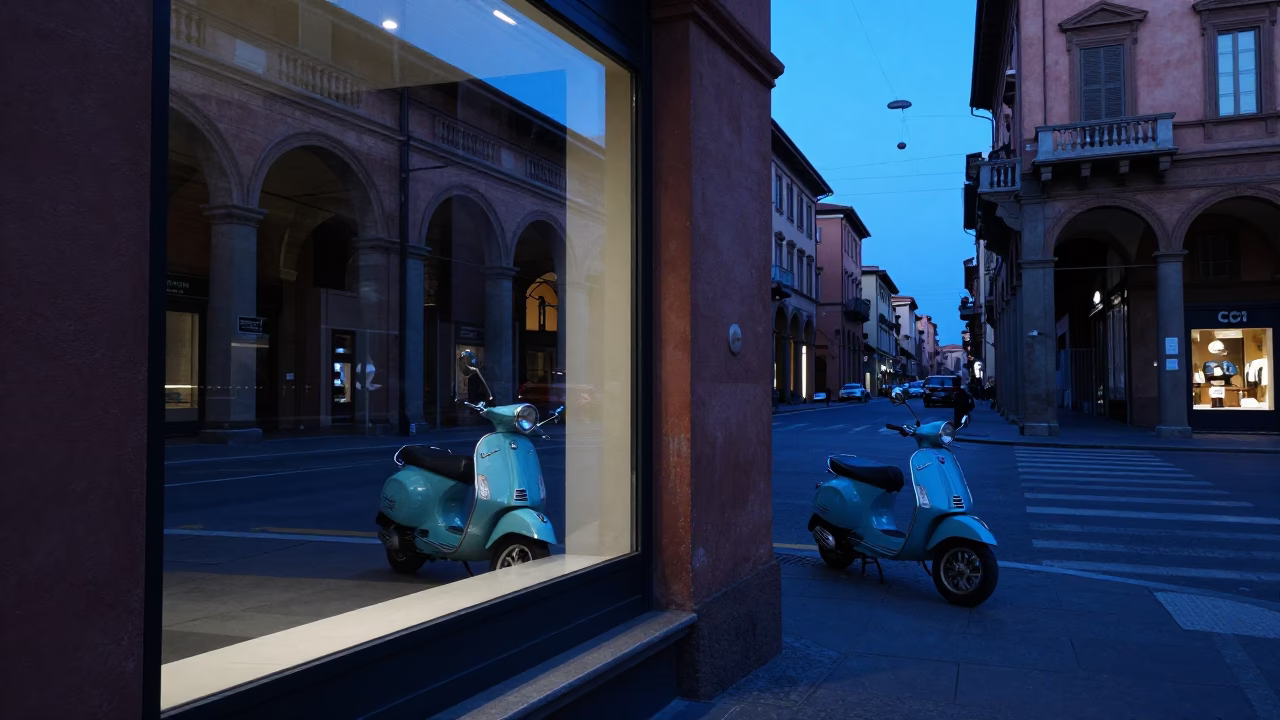 Bologna Italy Twilight Vespa Reflected in Shop Window with Street Life in in Bologna, Italy