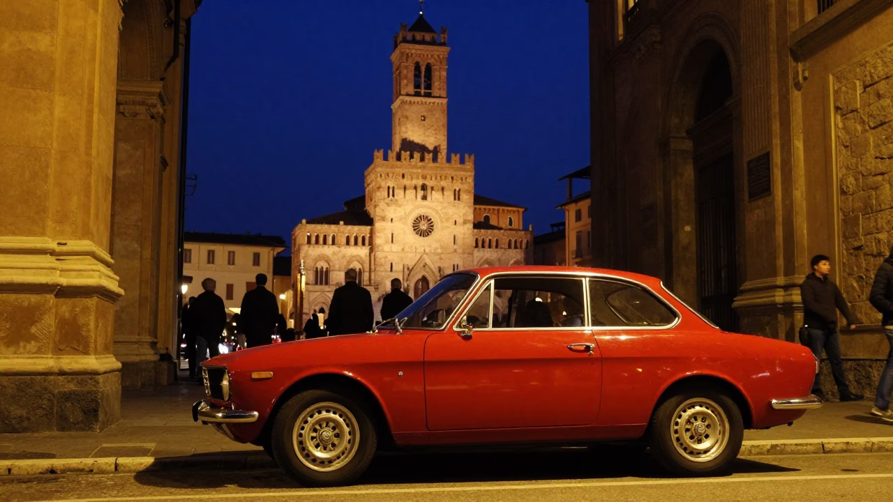 Bologna Night Street Scene with Vintage Car and Illuminated Portico in in Bologna, Italy