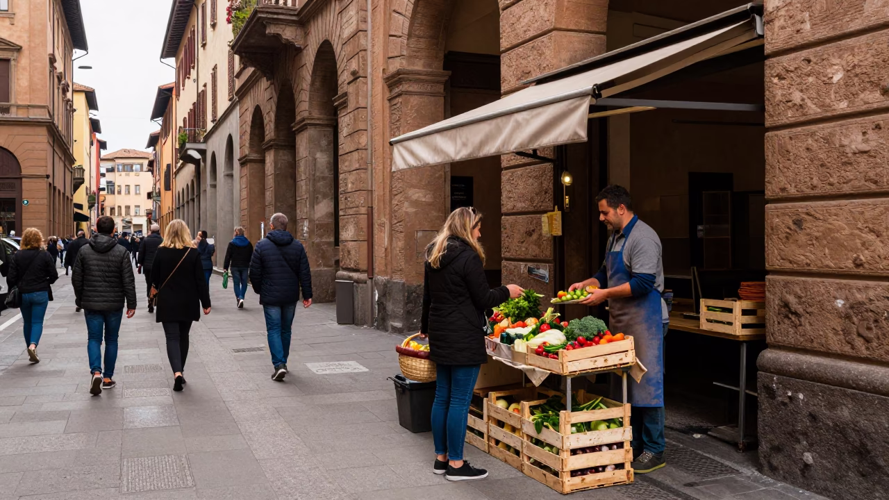 Bologna Street Corner at Midday Light in in Bologna, Italy