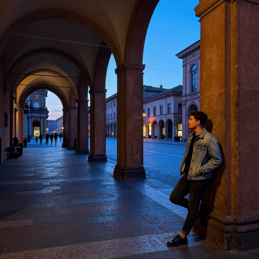 Bologna Street Scene at Nautical Dawn Light in in Bologna, Italy