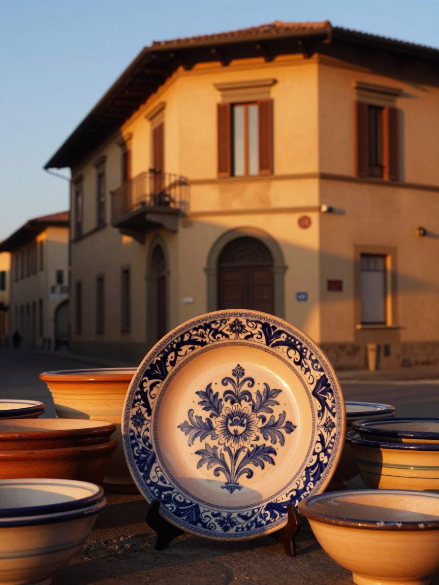Bologna Sunset Street Scene with Vintage Majolica Plate and Puddle Reflections in in Bologna, Italy
