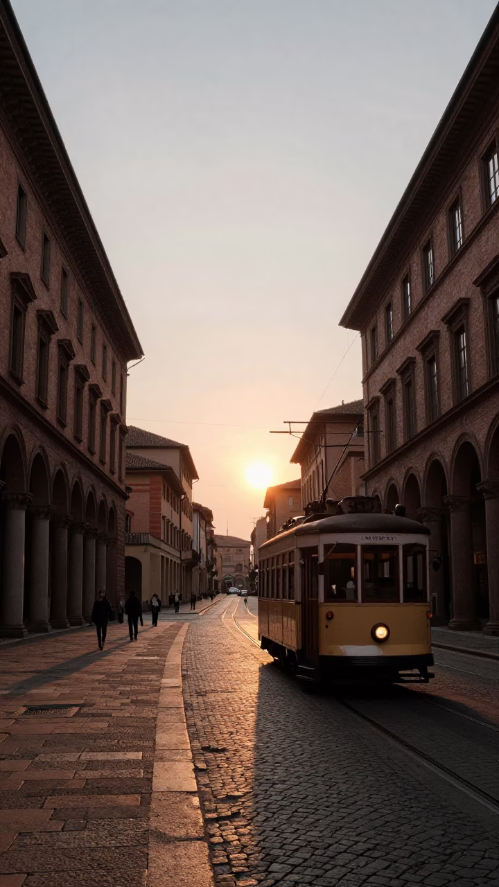 Bologna Vintage Tram Cityscape at As The Sun Drops Toward The Horizon in in Bologna, Italy
