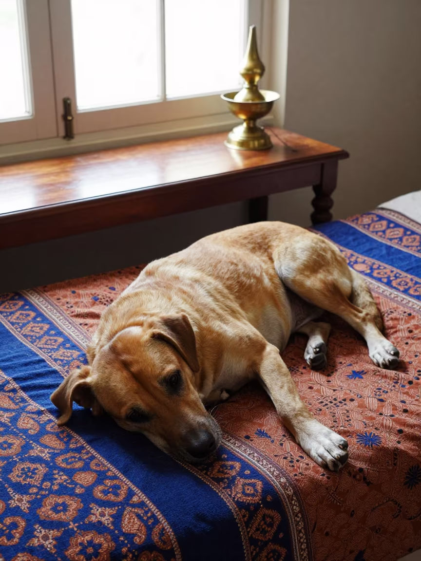 Bolognese Dog Resting on Bedspread in Gujarat Home in on a bedspread near a bright window with calm indoor light in Gujrat