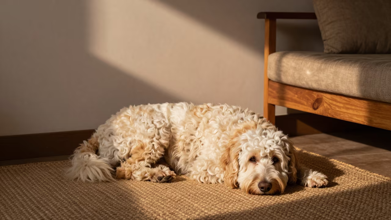 Bolognese Dog Resting on Rug in Benin Home in on a woven rug beside a low couch and an uncluttered wall in Benin City