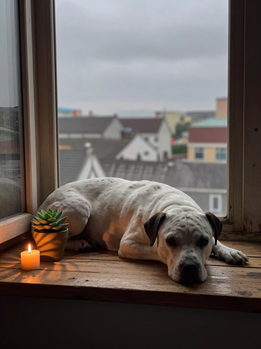 Bolognese Dog Resting on Window Seat in Xining in on a window seat in a quiet apartment with soft side light in Xining