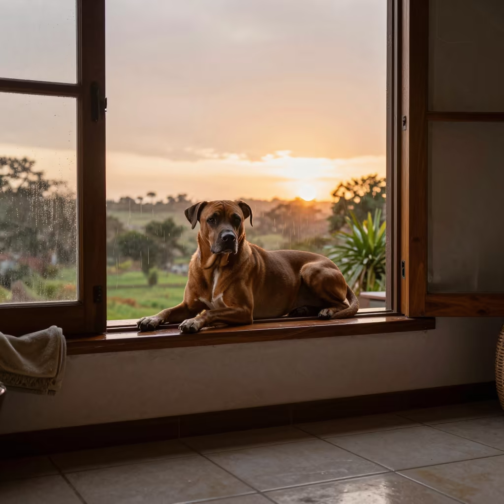 Bolognese Dog Resting on Window Seat in on a window seat in a quiet apartment with soft side light in Santa Cruz de la Sierra