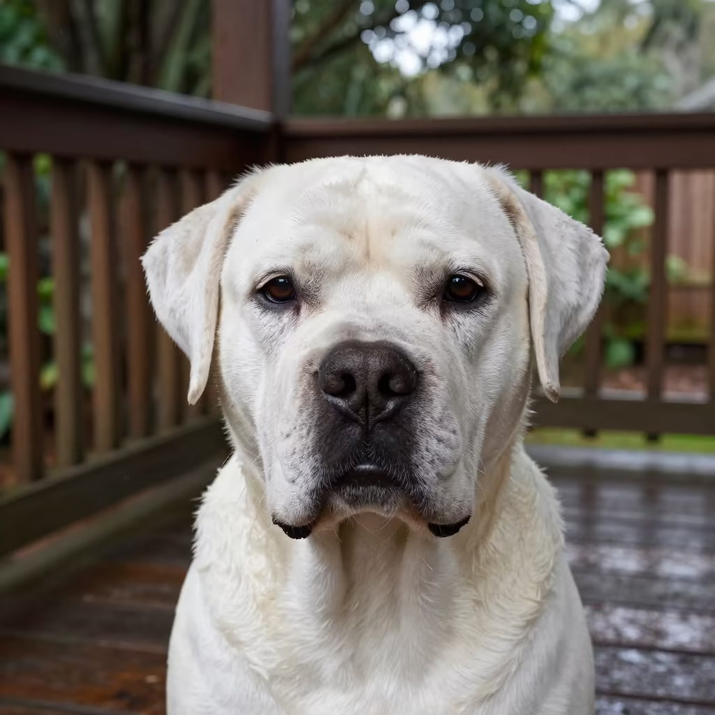 Bolognese Dog Shaded Porch Coro Venezuela in on a shaded front porch with boards, railings, and eye-level framing in Coro