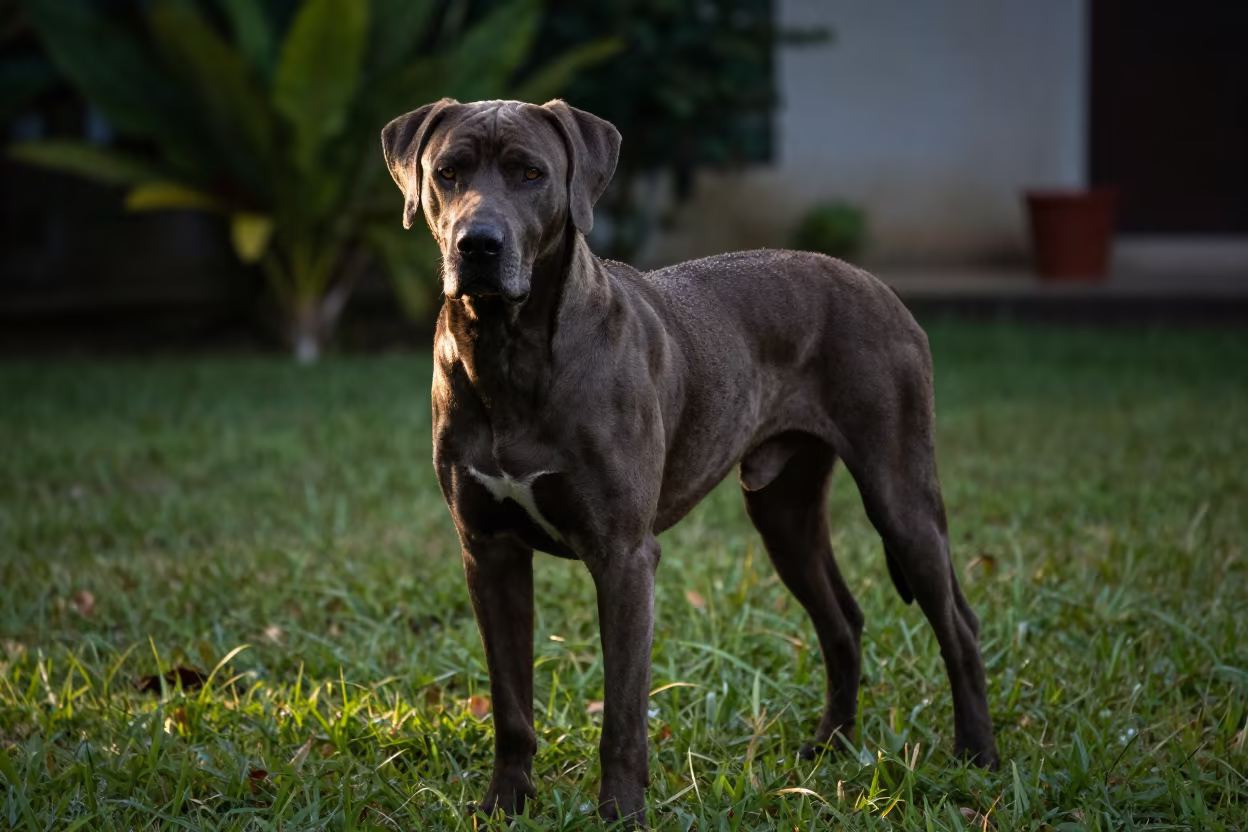 Bolognese Portrait in Sandakan Wet Season Yard in in a small yard with clipped grass, calm light, and the animal centered in frame in Sandakan