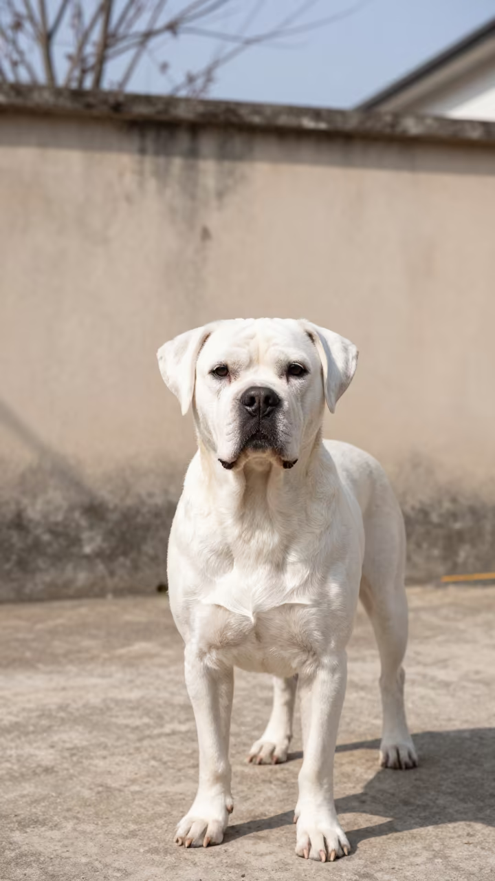 Bolognese Portrait in Wuhan Courtyard Light in beside a plain courtyard wall in clear daylight with the animal at eye level in Wuhan