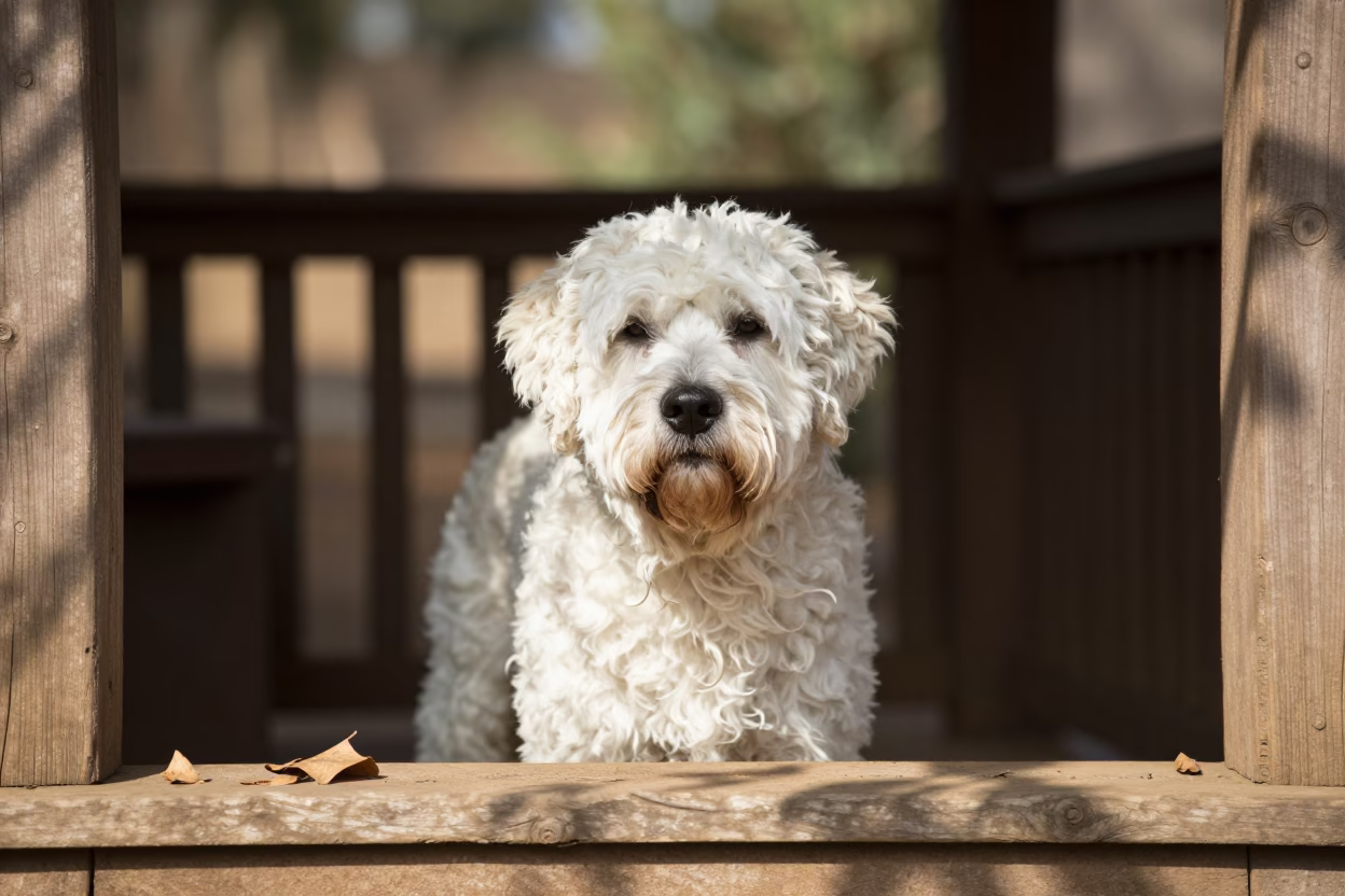 Bolognese Portrait on Bamenda Porch Ledge in on a shaded front porch with boards, railings, and eye-level framing in Bamenda