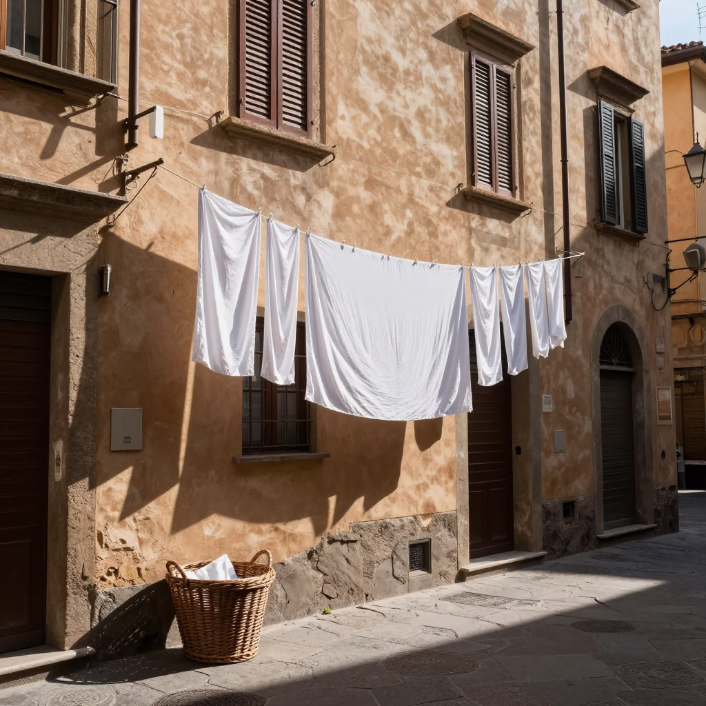 Bolognese street scene with laundry drying in late morning light in in Bologna, Italy