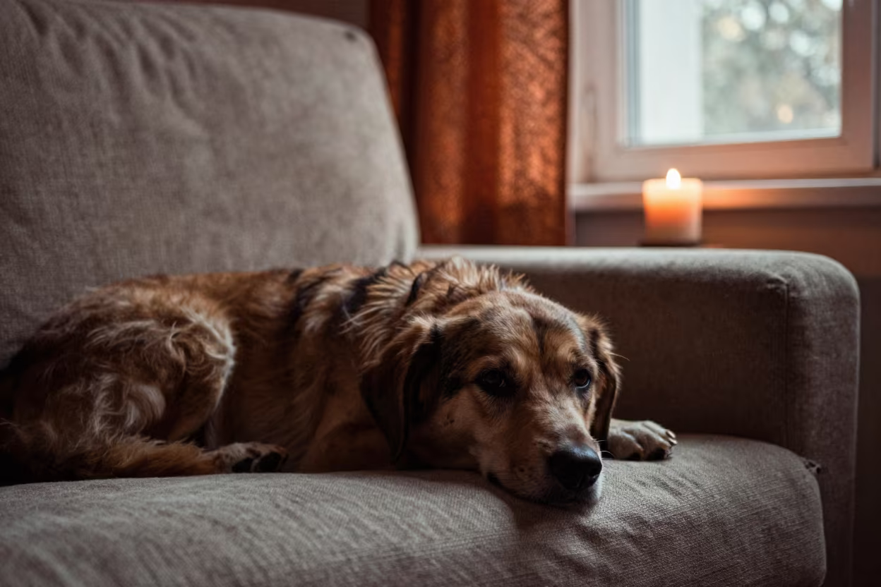 Bolonka Dog on Linen Sofa in Baku Evening Light in on a linen sofa with daylight from a nearby window in Baku