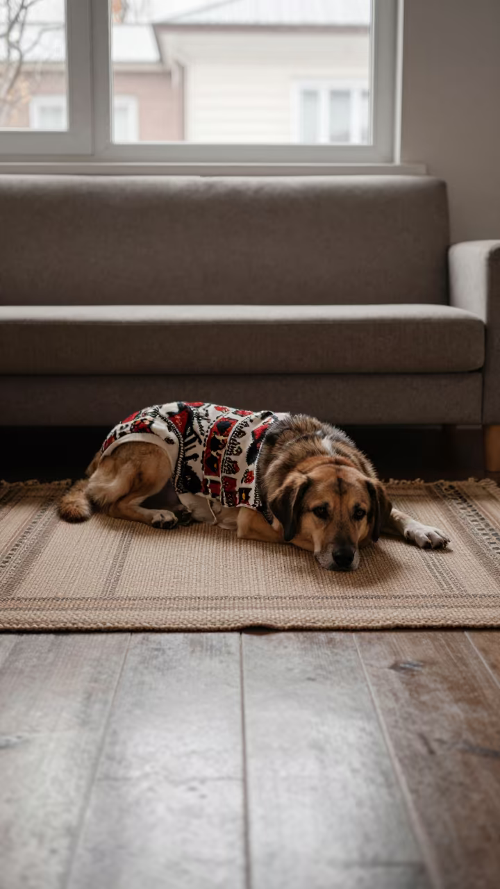 Bolonka Dog on Woven Rug in Trabzon Home in on a woven rug beside a low couch and an uncluttered wall in Trabzon