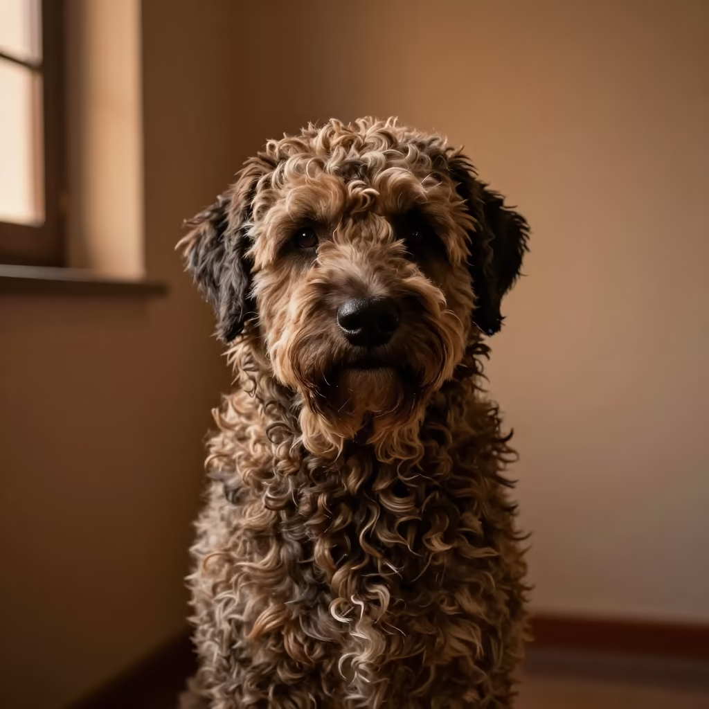 Bolonka Portrait in Santo Domingo Window Light in beside a plain plaster wall in soft indoor light with the animal centered in frame in Santo Domingo