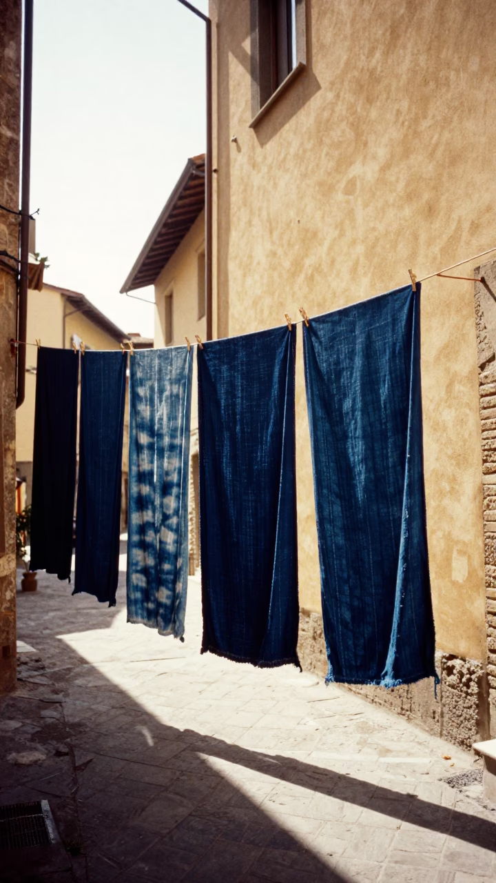 Bolt of indigo-dyed fabric drying in sun in Florence Italy noon light in in Florence, Italy