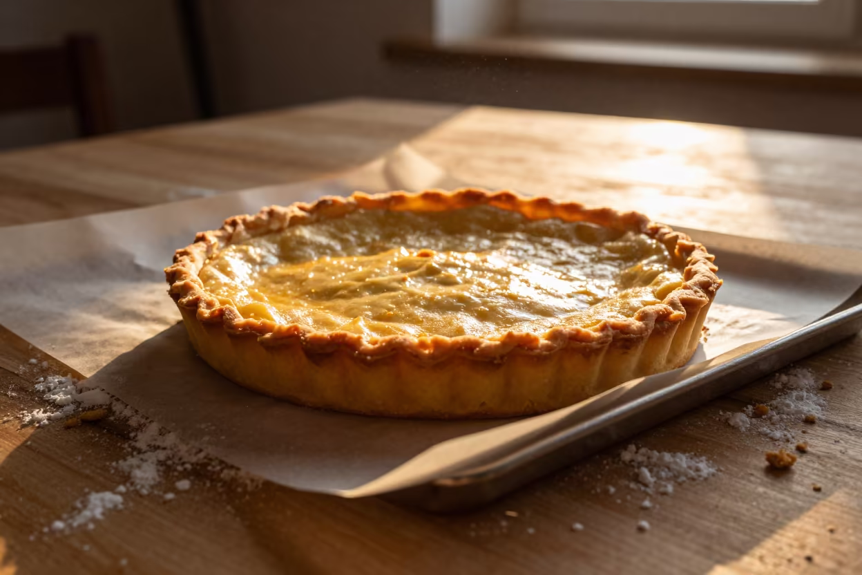Bolu Tart on Oak Table Evening Light in on a parchment-lined pastry tray in Bolu