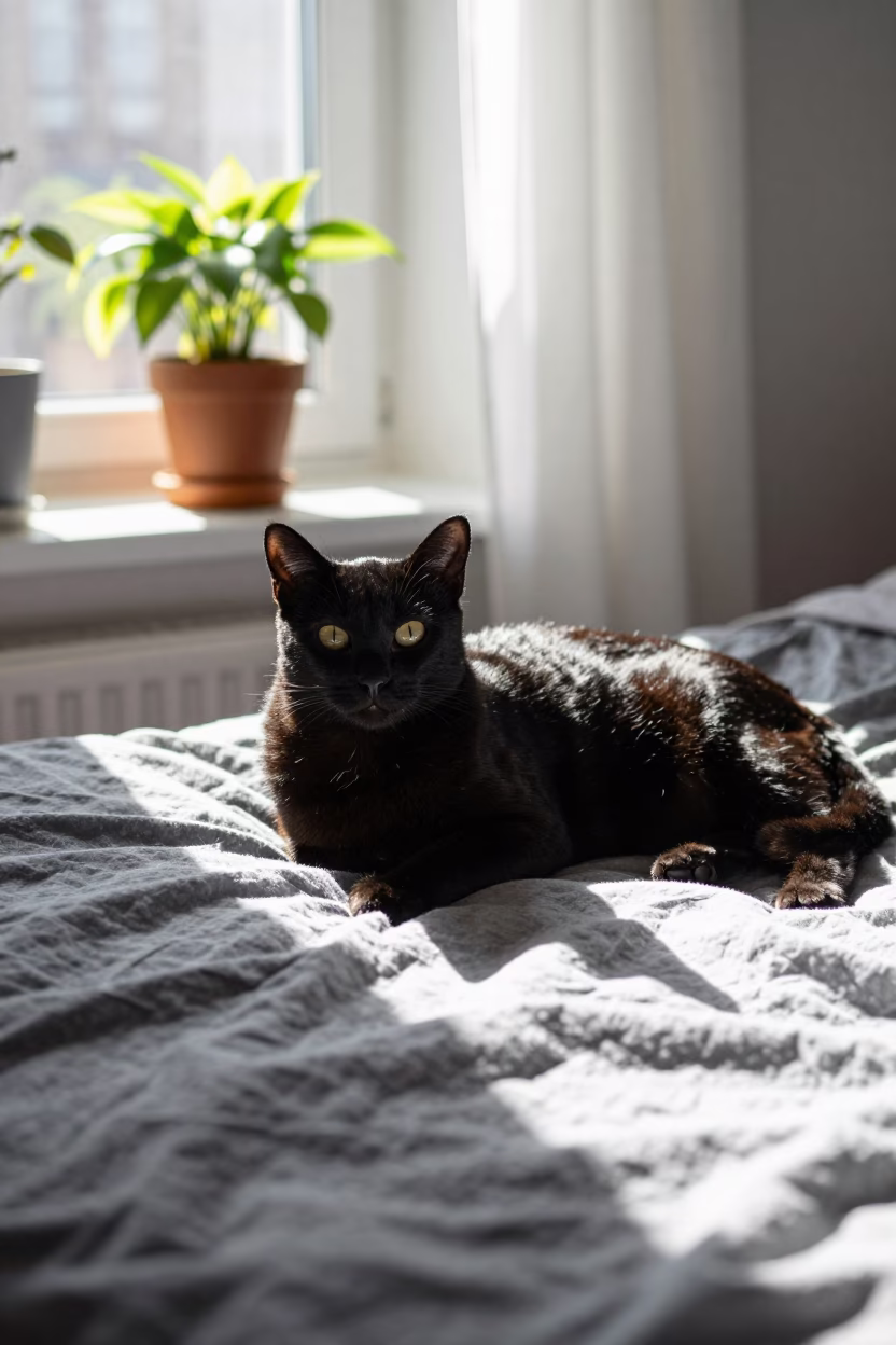 Bombay Cat Lounging on Bedspread Near Window in on a bedspread near a bright window with calm indoor light in Schanzenviertel, Hamburg