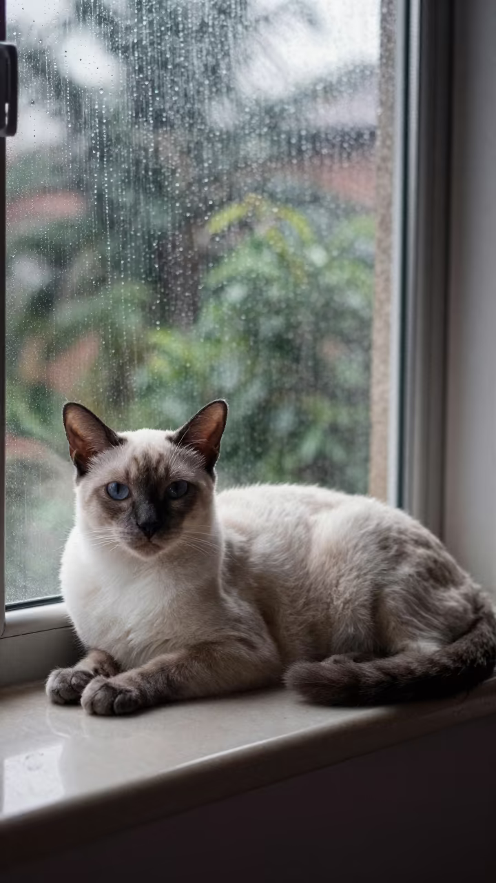 Bombay Cat Lounging on Window Seat in Kanasín in on a window seat in a quiet apartment with soft side light near Kanasín