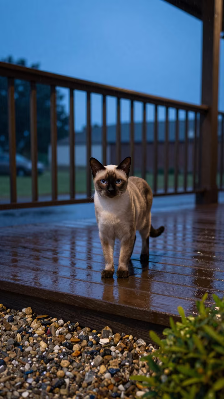 Bombay Cat on Angers Porch in Evening Rain in on a shaded front porch with boards, railings, and eye-level framing in Angers