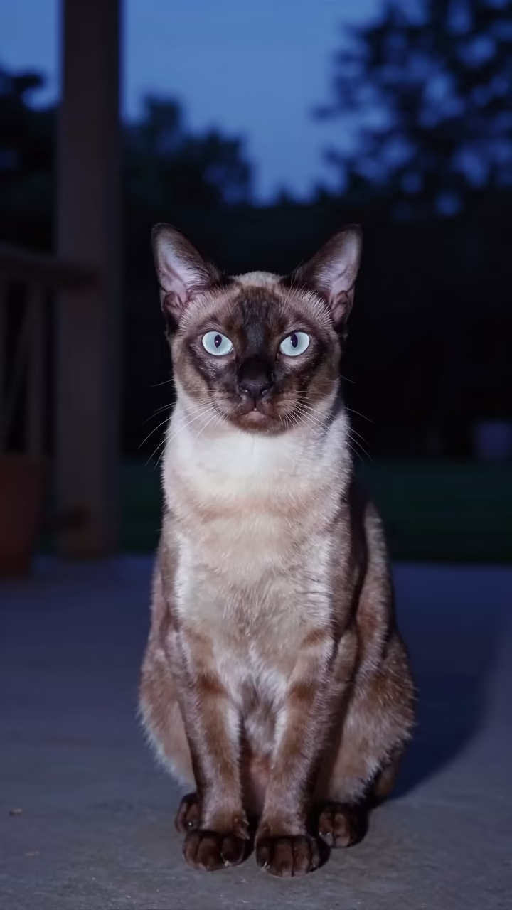 Bombay Cat on Shaded Porch in Twilight in near a garden edge with soft morning light and an uncluttered background near Chihuahua