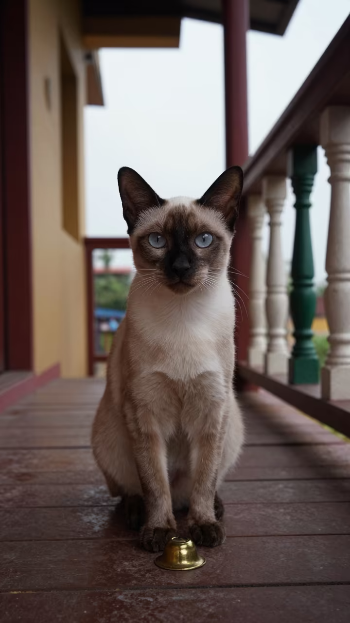 Bombay Cat on Shaded Vadodara Porch in Late Morning in on a shaded front porch with boards, railings, and eye-level framing in Vadodara