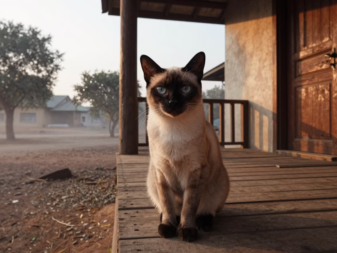 Bombay Cat Portrait on Ibadan Porch in on a shaded front porch with boards, railings, and eye-level framing in Ibadan
