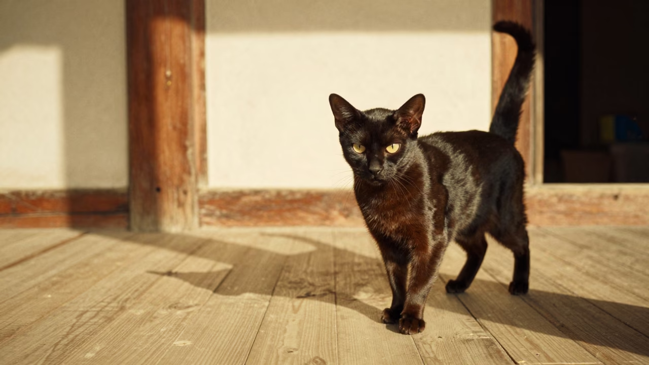 Bombay Cat Portrait on Shaded Busan Porch in on a shaded front porch with boards, railings, and eye-level framing near Busan